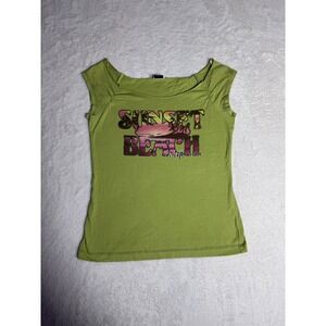 Daytrip Graphic Tee Women L Green Excellent Cap Sleeve Sunset Beach California